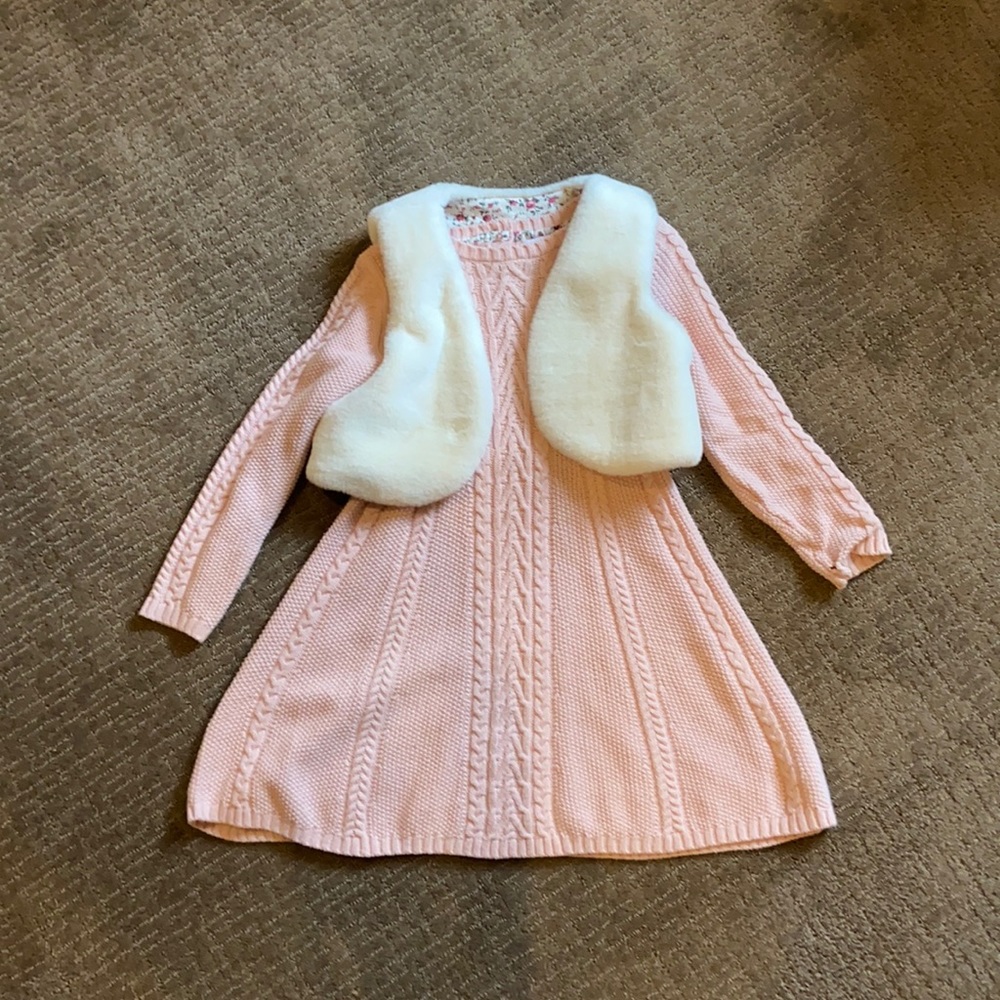 Girls Pink Sweater Dress With Fur Vest